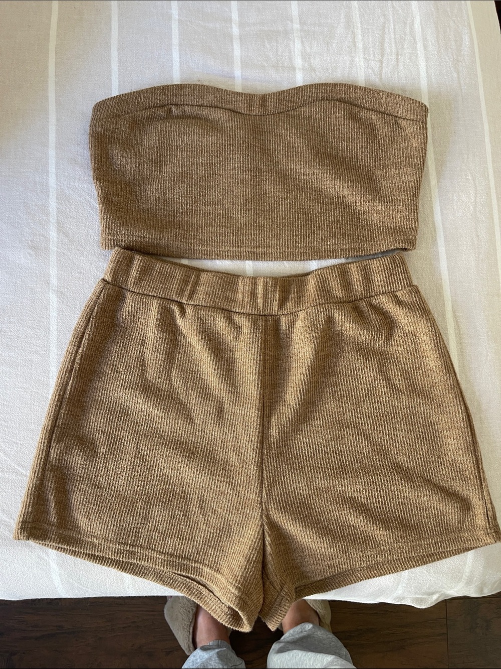 SHEIN Brown Ribbed Strapless Crop Top & High-Waist Shorts Set